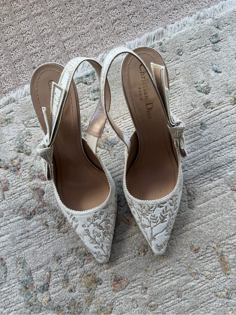Dior Cream Embroidered Pointed Slingback Heels